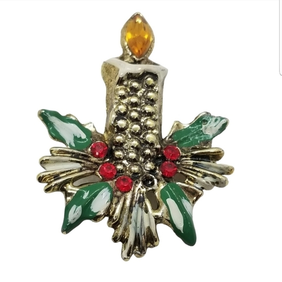 Vintage Jewelry - VINTAGE GOLDTONE WITH ENAMEL & RHINESTONES CHRISTMAS CANDLE PIN